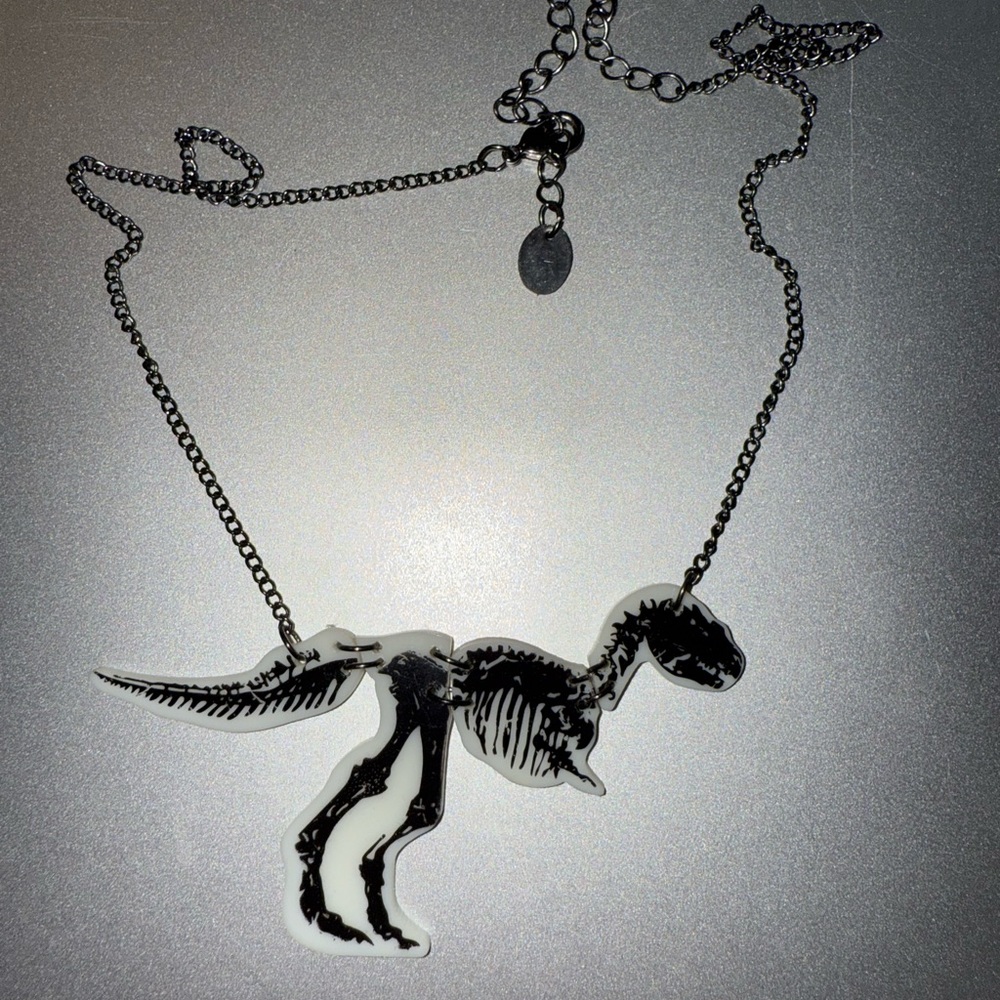 Black and White Skeletal T Rex Dinosaur Necklace